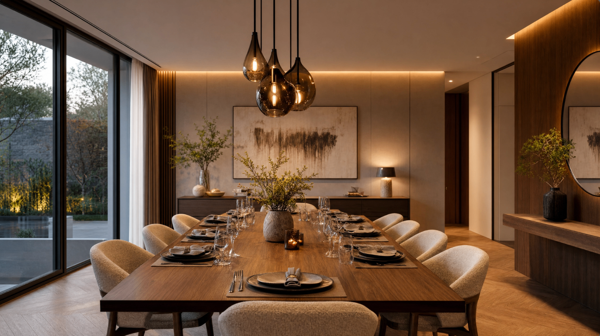 Comedor elegante con candil escultórico
